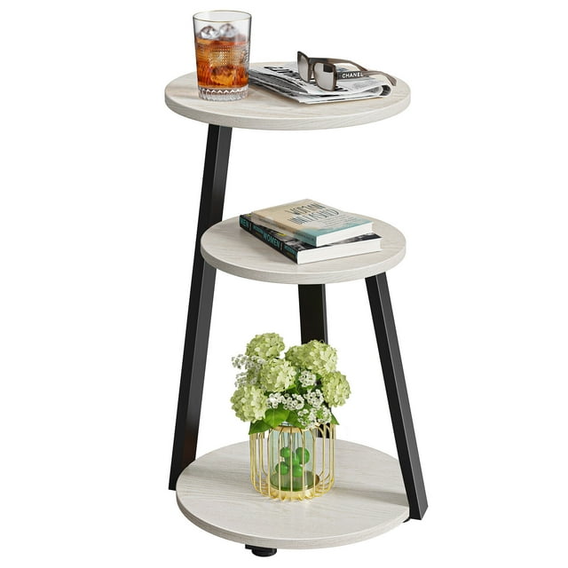 Biemlerfn Table d'Appoint, Table de Canapé Ronde avec Cadre en Métal, Table Basse à 3 Niveaux Table de Nuit pour la Maison, Érable Blanc