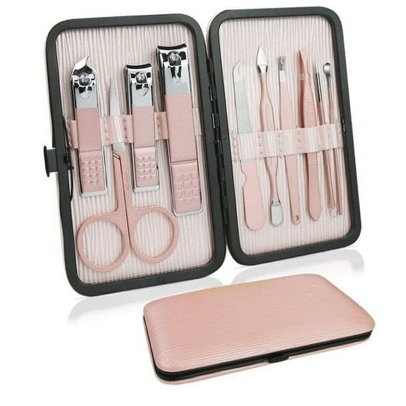 Travel Mini Manicure set Nail Clipper set 10 in 1 Stainless Steel Pedicure Care Grooming kit with Case Pink