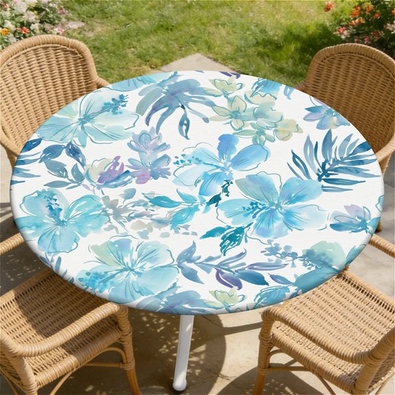 YESAD Elastic Tablecloth For Round Tables, Waterproof Tablecover For Up To 36in Round Table, Dining Tablecover For Indoor And Outdoor, Holiday, Sky-Blue-Tropical-Leaf