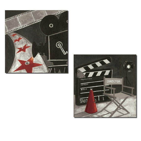 Classic Red and Gray Film Reel and Movie Director Chair Adult Decor; 2 - 12" x 12" Unframed Prints