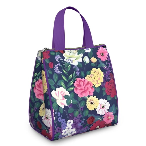 Pioneer Flower Floral Print Pattern Insulated Lunch Bag for Women & Adults,Large Portable Soft Cooler Lunch Bag,Thermal Food Storage Tote with Pearl Cotton,8.66L,8.75x5.75x9.5 Inch