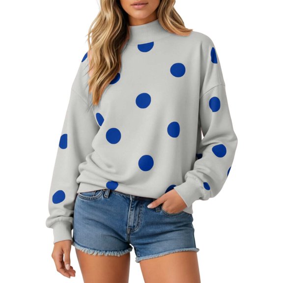 Womens Polka Dot Sweatshirts Neck Long Sleeve Pullover Tops Oversized Drop Shoulder Loose Fit Soft Cute Graphic Print Y2K Casual Fall Fashion Outfits