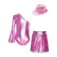 thumbnail image 3 of inlzdz Girls 3Pcs Groovy Jazz Dance Disco Outfit Metallic One Flared Sleeve Leotard with Tassel Skirt Sequin Hat Set Pink 8, 3 of 7
