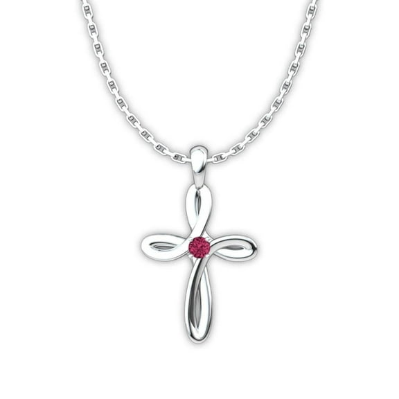July Ruby Birthstone Swirl Cross Sterling Silver Necklace - With 18" Sterling Silver Chain