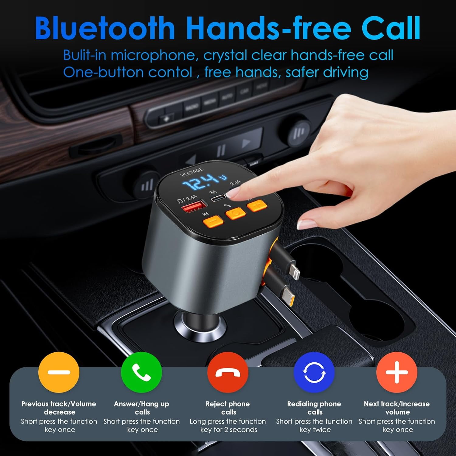 Retractable Car Charger with Bluetooth 5.0 FM Transmitter Adapter, 90W Fast Charging Dual Retractable Cords, Handsfree Call Car Charger for iPhone 16/15/14/13, MP3 Player Support USB Disk