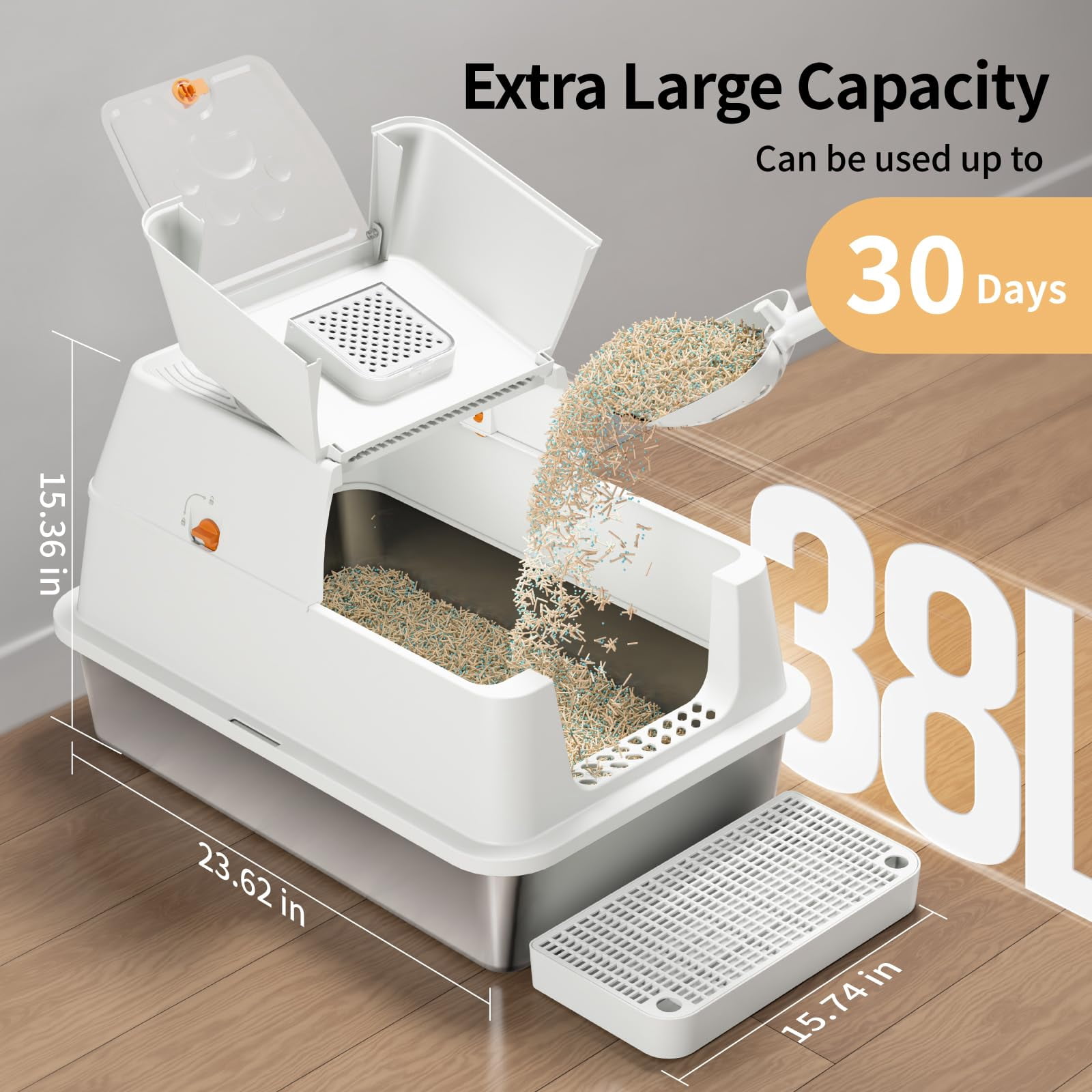 Stainless Steel Cat Litter Box With Lid  180° Flip-top Xl Extra Large Enclosed Covered Metal High Sided Pan Steps & Scoop Easy Cleaning Odor Control Non-sticky-white