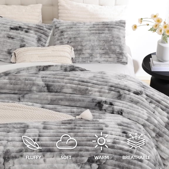 Fluffy King Size Comforter Set 3 Pieces Tie-dye Grey Fleece Luxury Bedding