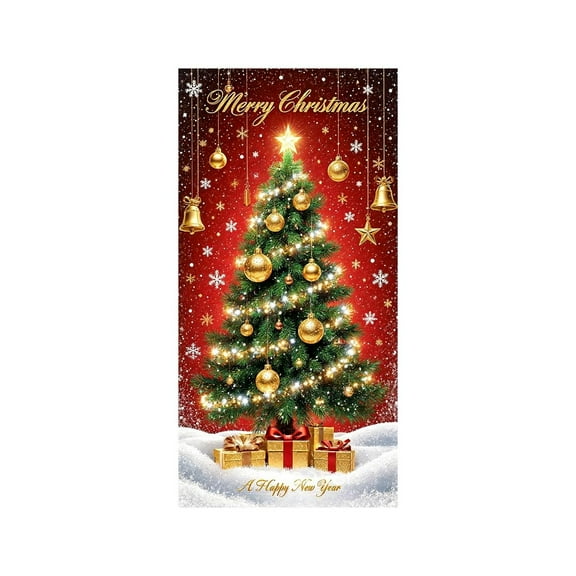 Taicans Merry Christmas Door Cover,35.43in×70.87in,Red & Gold Tree Design,Snowflakes & Gifts,Holiday Decor,Waterproof,Easy Install,Christmas/Winter Home Decor