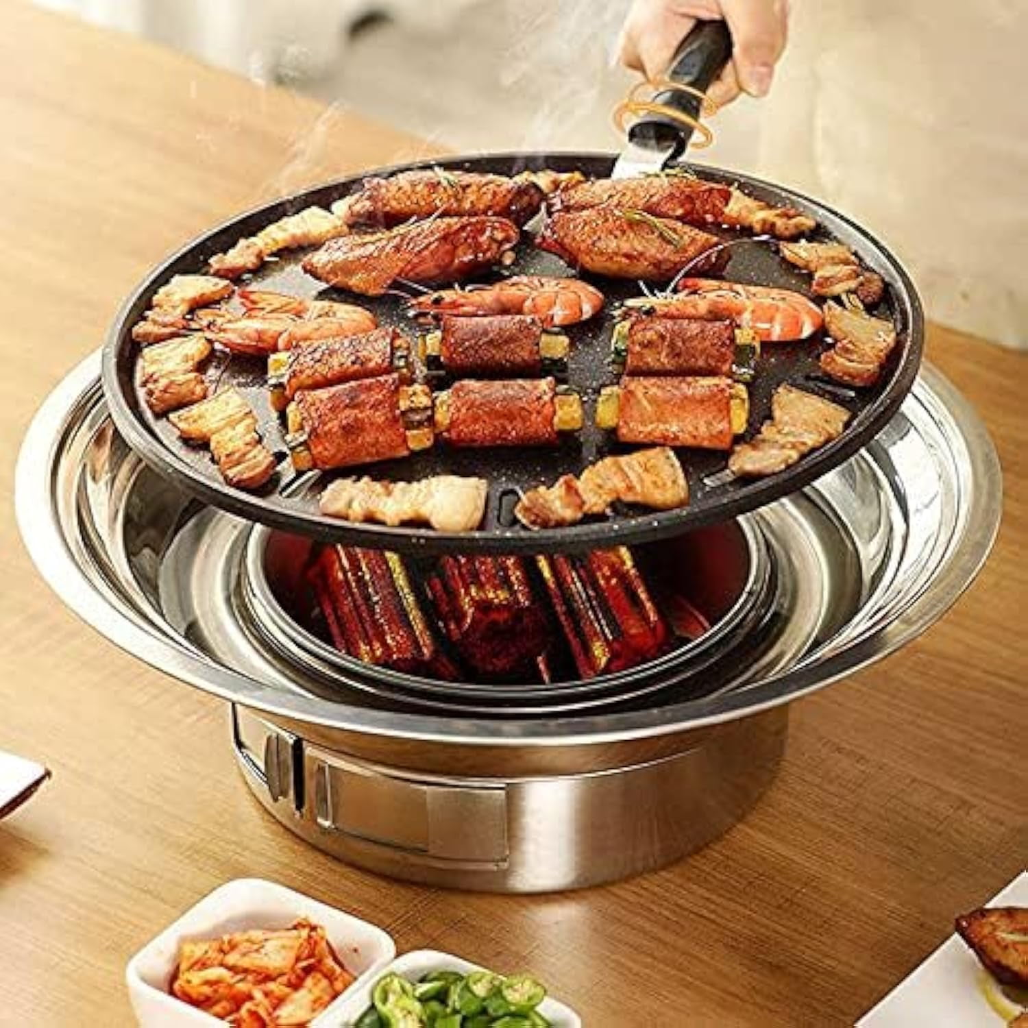 Charcoal Grill 13.7 Inch Nonstick Stainless Steel Korean Barbecue Portable Stove for Outdoor Camping Picnic Indoor Cooking