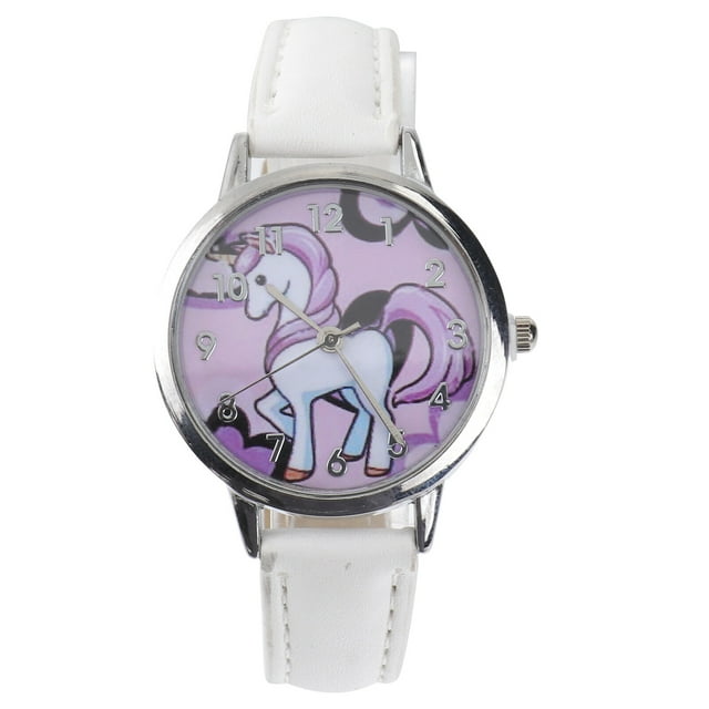 Cartoon Unicorn Pattern Watch Waterproof Wrist Watch Quartz Watch Fashion Cartoon Children Watch Wrist Time Device with Leather Bands (White)