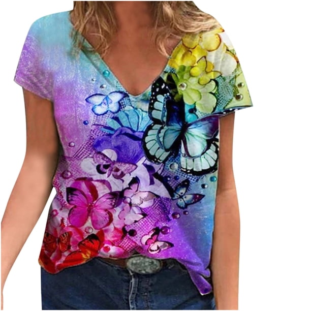 Moda mujer casual manga corta cuello redondo impreso tops sueltos blusa Pompotops hkajfhjk464660