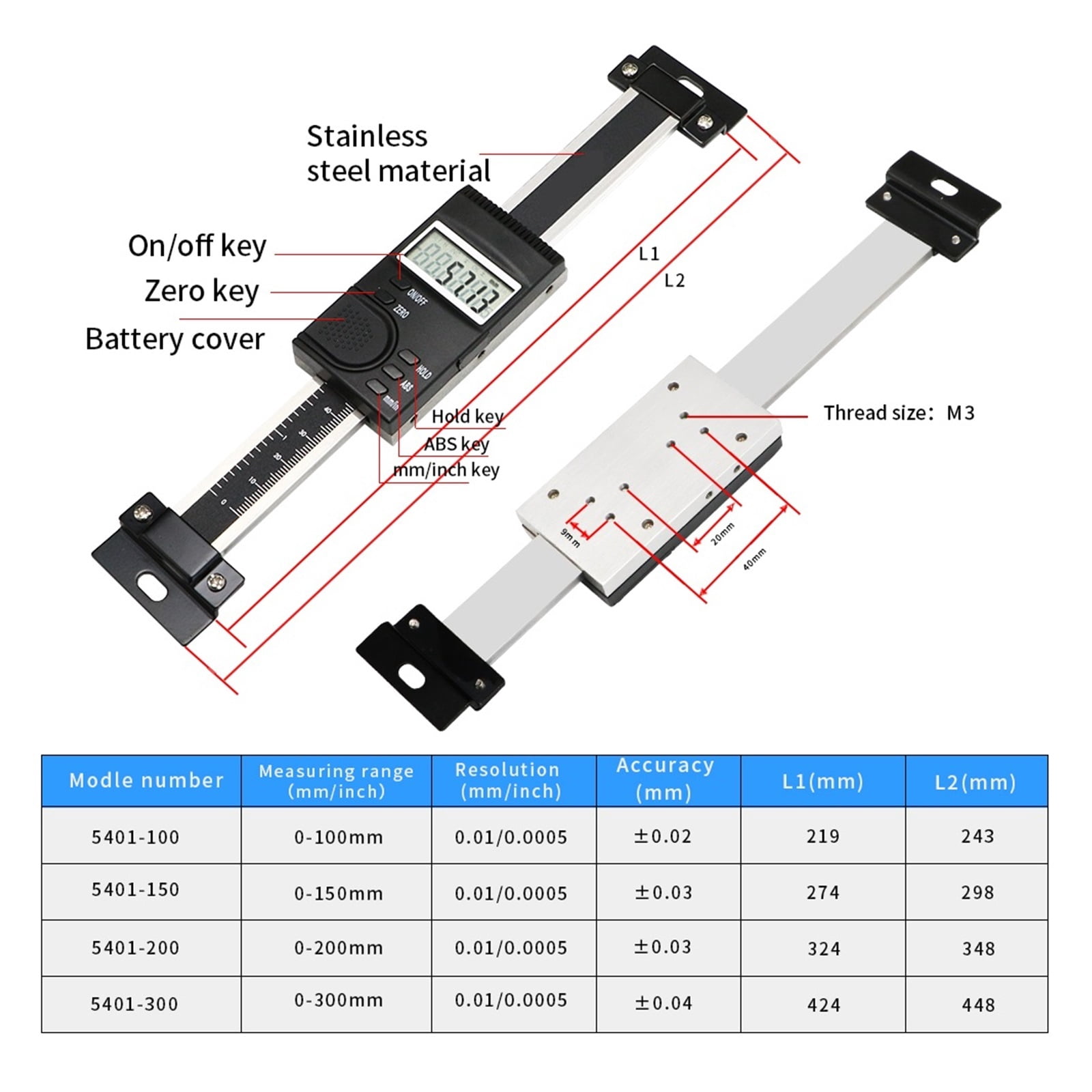0-100mm 0-150mm 0-200mm 0-300mmVertical Type Digital Linear Scales Caliper Vernier Scale 5401-300 ,High Accuracy