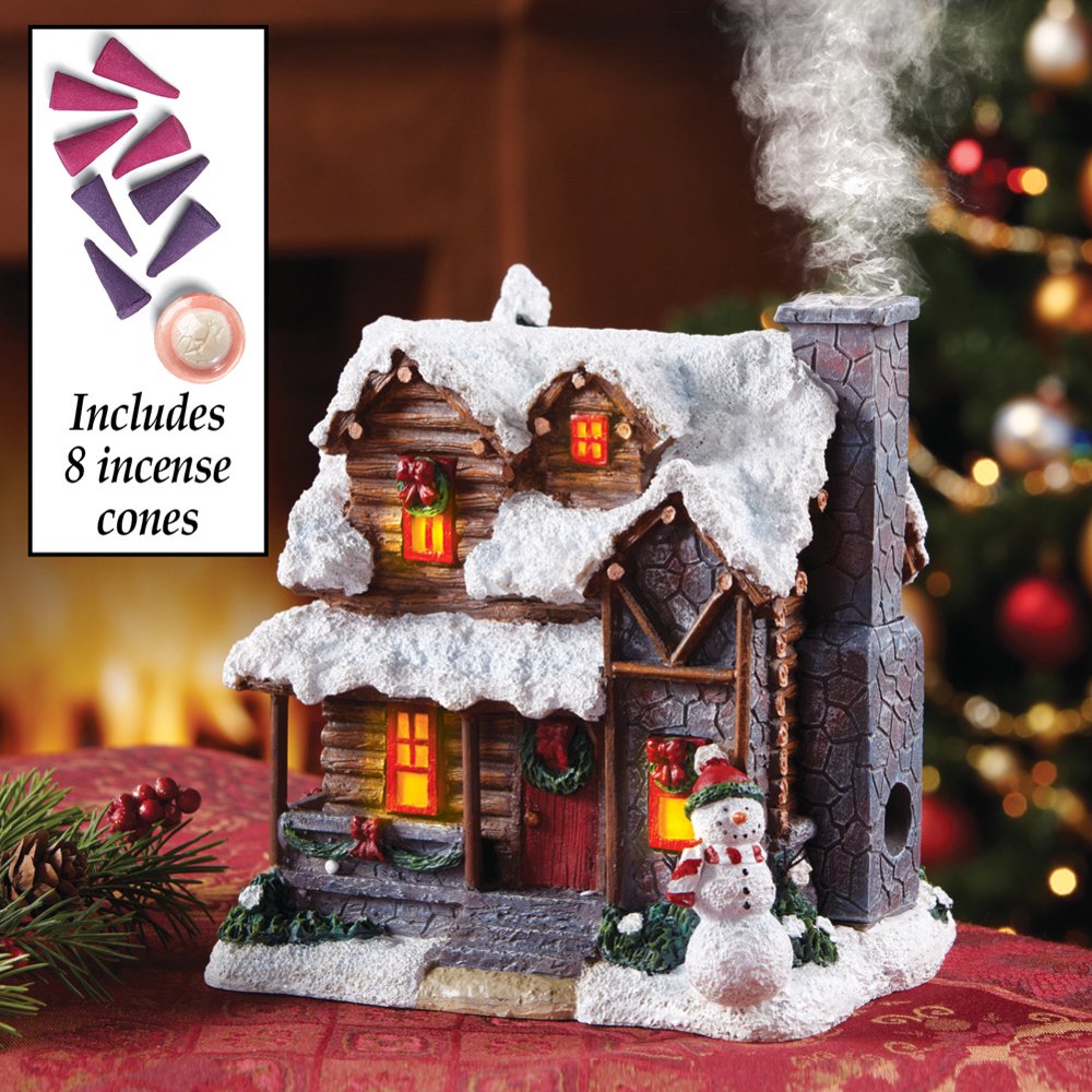 SNOWY SMOKING CHIMNEY LIGHTED LOG CABIN CHRISTMAS SNOWMAN INCENSE