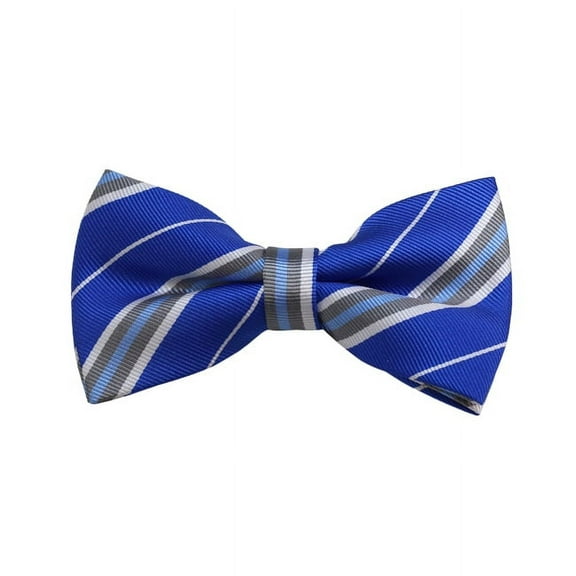 Silver, White And Royal Blue Striped Woven Pre-Tied Bow Tie