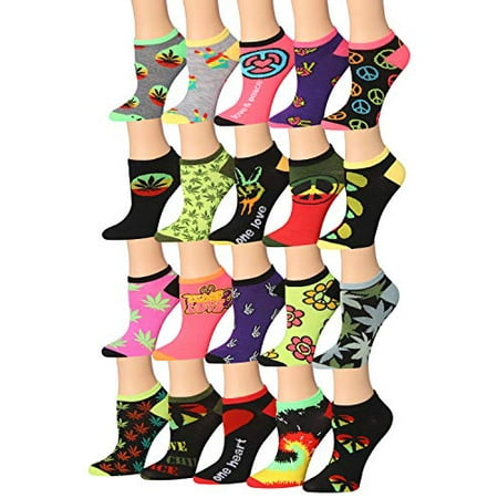 

Tipi Toe Women s 20 Pairs Colorful Patterned Low Cut/No Show Socks (Peace & Weed)