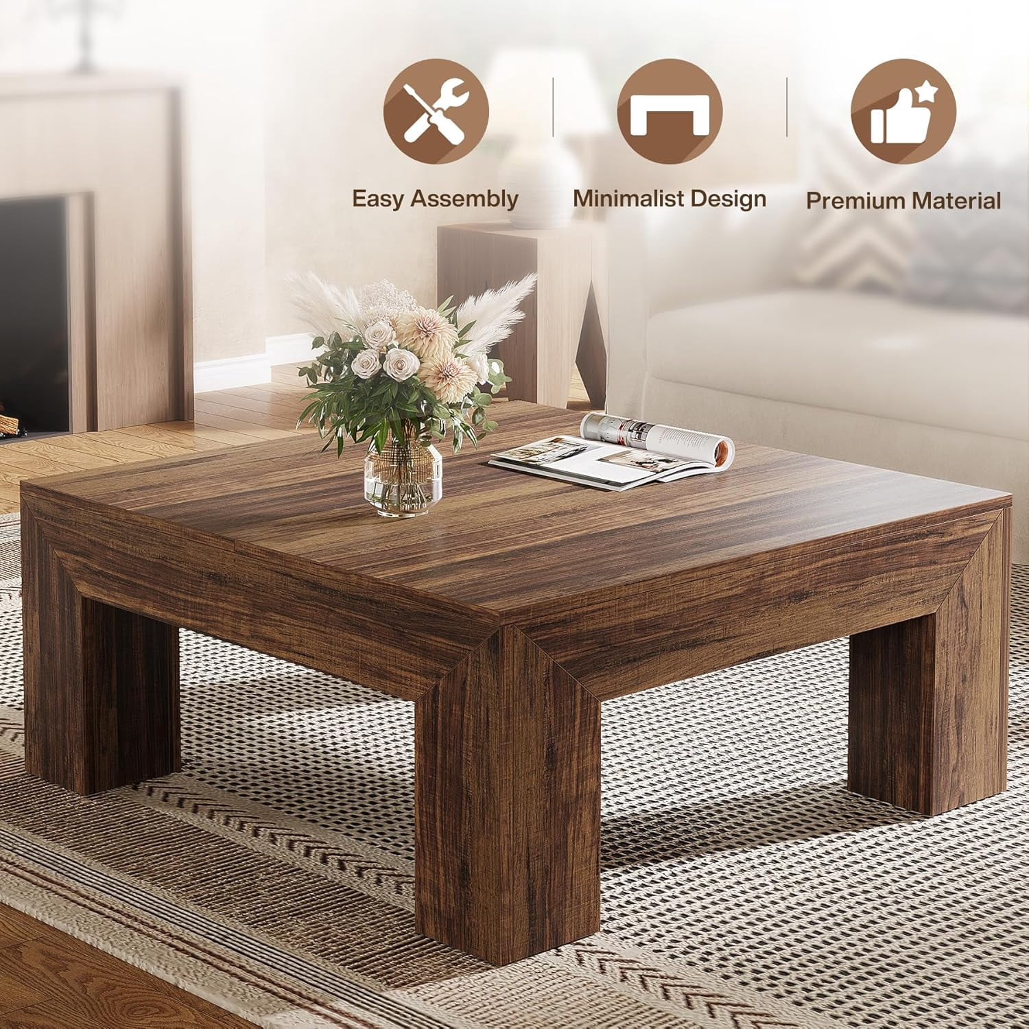 Finmind 39.4-Inch Square Coffee Table for Living Room, Farmhouse All Wood Accent Center Cocktail Table