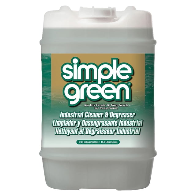 simple green limpiador desengrasante concentrado 18,9 l cubeta translúcida blanca, vista frontal centrada de la garrafa industrial de 18,9 litros (5 gal) con etiqueta verde y dorada y logo Simple Green, apto como desengrasante industrial para limpieza de cocinas y talleres.