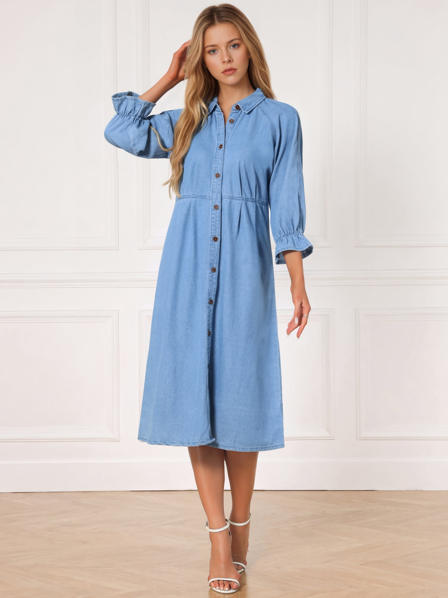 DARING DIVA Women's Collared Ruffle 3/4 Sleeve Jean Button Down Shirt Dress L Light Blue