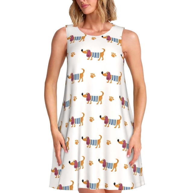 Bixox Robe Sans Manches à Imprimé Teckel Chiot pour Femmes avec Poches, Robe Décontractée Longueur Genou pour l'Été-TTG