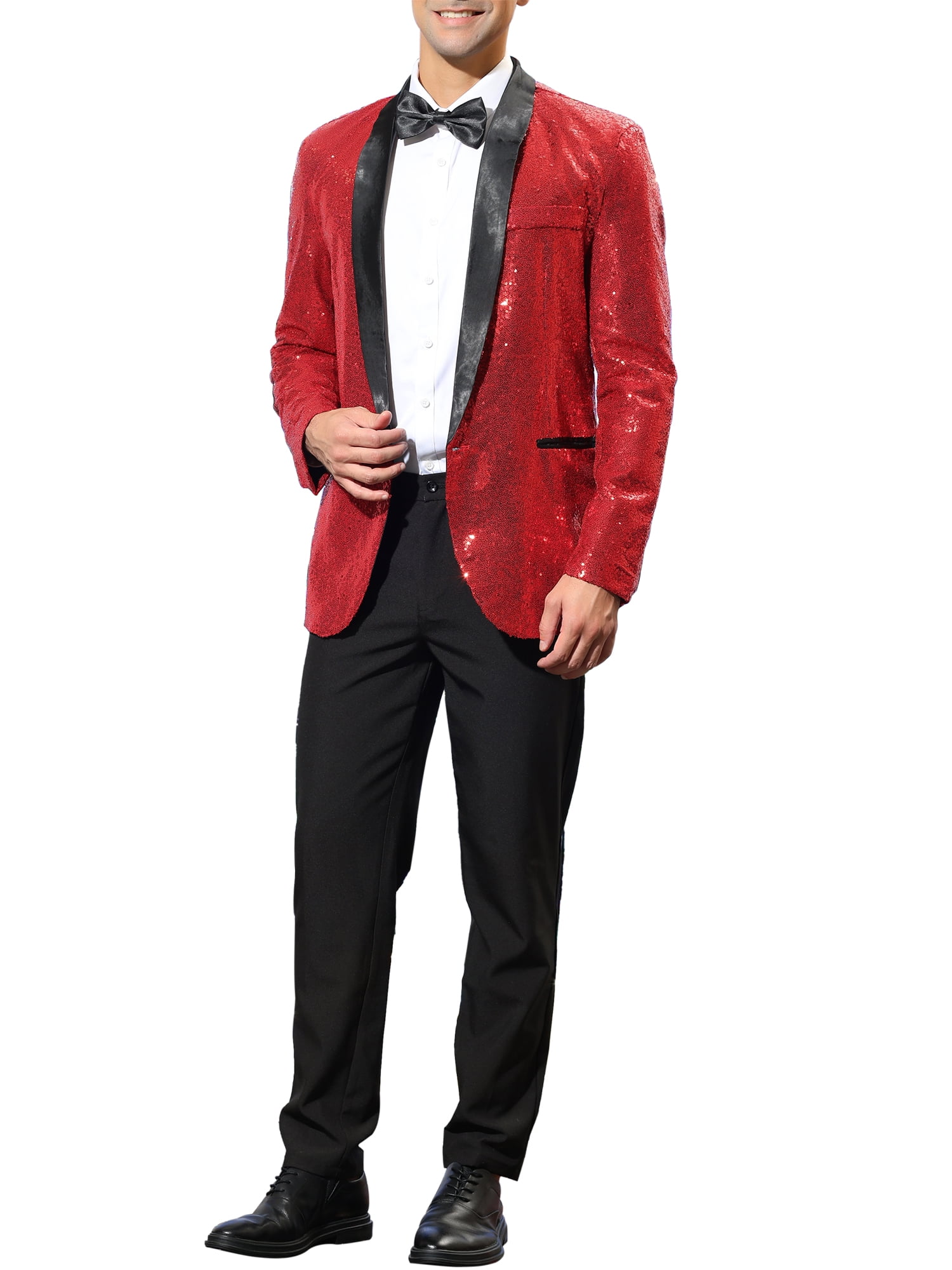 Unique Bargains Men's Sequin Sport Coats Shawl Lapel One Button Wedding Shiny Blazer S Burgundy