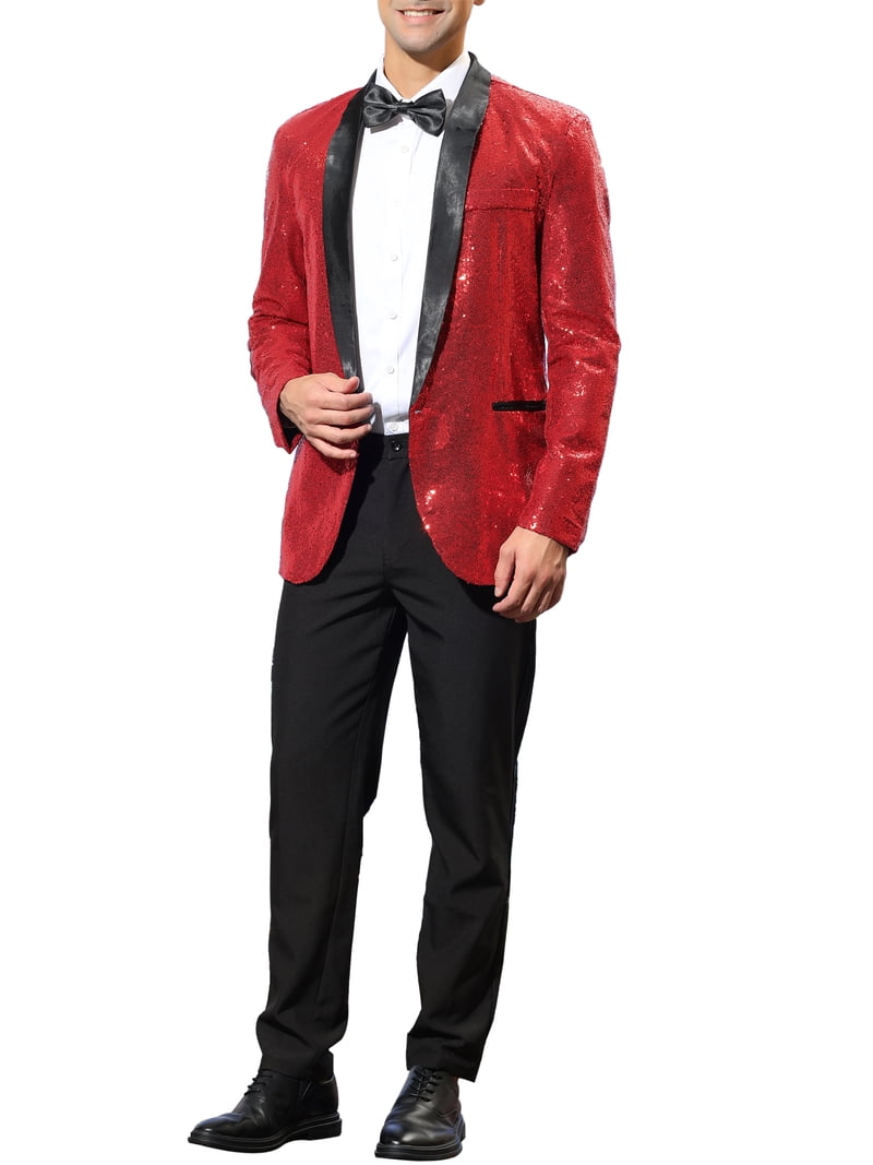 Free Shipping! Unique Bargains Men's Sequin Blazer Shawl Lapel One Button  Wedding Prom Party M Burgundy - Walmart.com