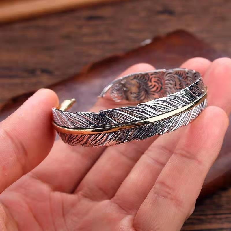 yievot Women Men Retro Vintage 925 Sterling Feather Cuff Bangle