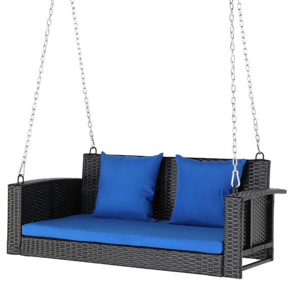 O'Force Patio Porch Swing Outdoor, 49in Black Rattan Swing Chair with Blue Cushions for Yard, Garden, Lawn, Balcony