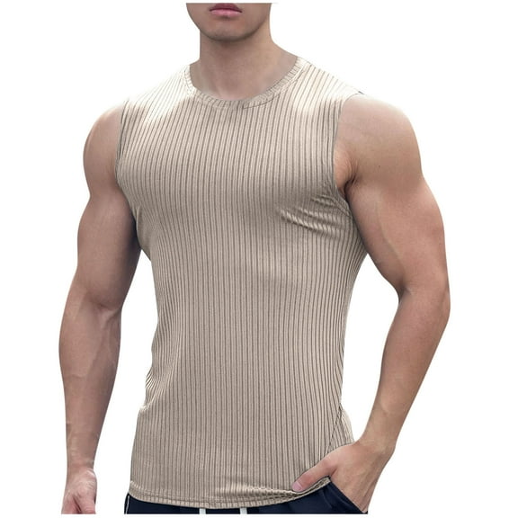 RYRJJ Men's Casual Workout Tank Tops Ribbed Knit Sleeveless Gym Fitness Muscle Shirts Slim Fitted Basic Tank Undershirts(Khaki,XXL)