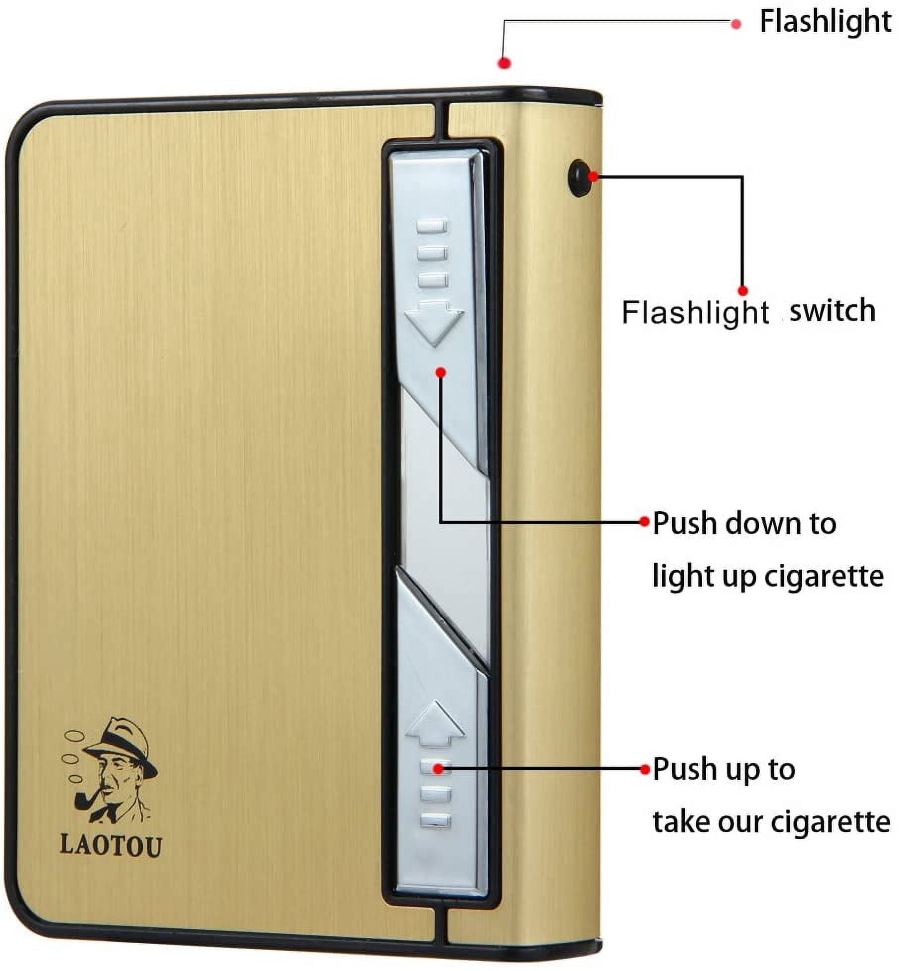 Moonwbak Cigarette Case Lighter, Multifunction Cigarette Box Holder USB Electric Rechargeable Cigar Lighter,Push Out Cigarette Holder with Electric Torch (Gold-Black)