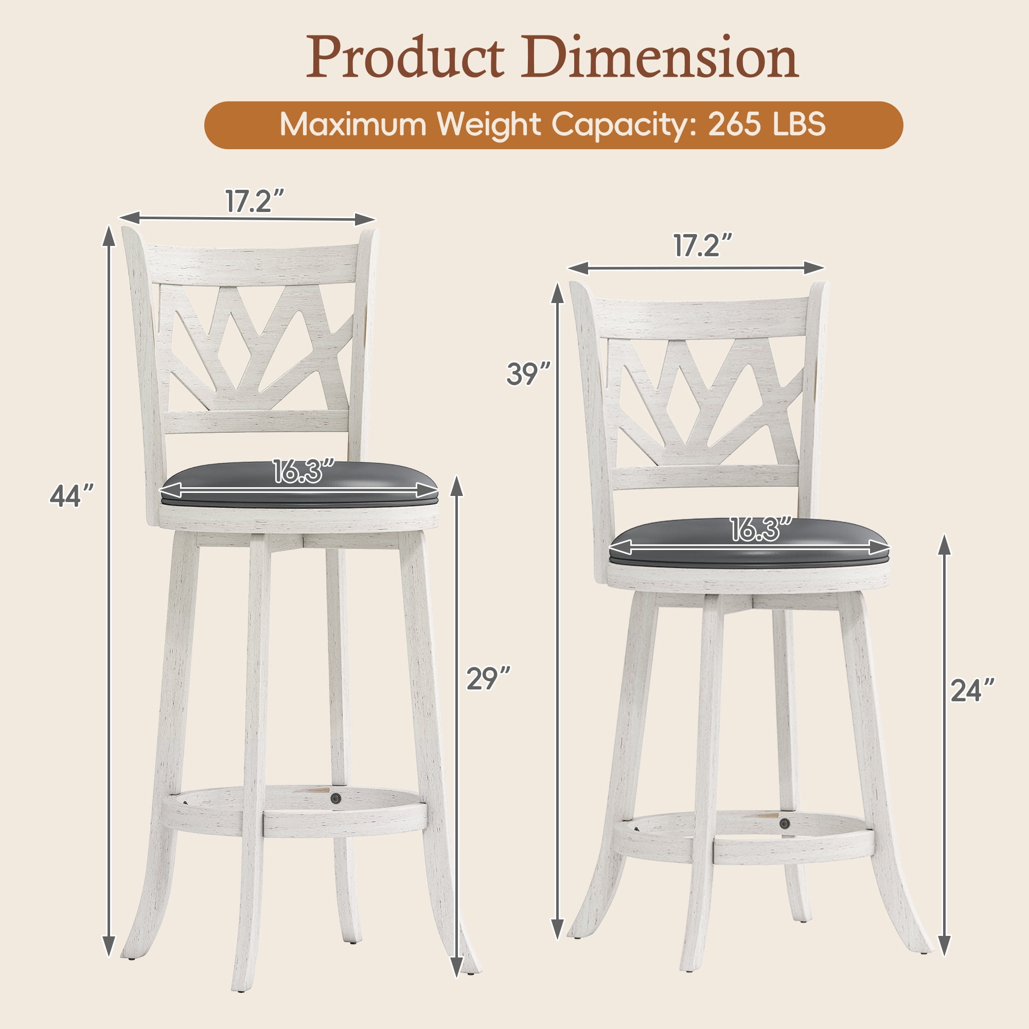 Joywind Farmhouse Swivel Bar Stools Set of 2, 24" Carved Lotus Barstools, Faux Leather Upholstered Counter Chairs with Solid Footrest & Wood Legs, Antique White