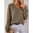 thumbnail image 5 of Women V Neck Knit Hollow Openwork Lantern Long Sleeve Ribbed Cuff Loose Fit Knit Pullover Sweater Pickled Vegetable XL, 5 of 8