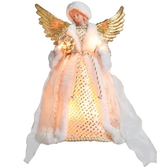 Lighted Angel Christmas Tree Topper with Golden Wings & Floral Bouquet,13.5 Inch Festive Angel Figurine with LED Lights, Elegant Tree Decoration for Holiday Ambiance
