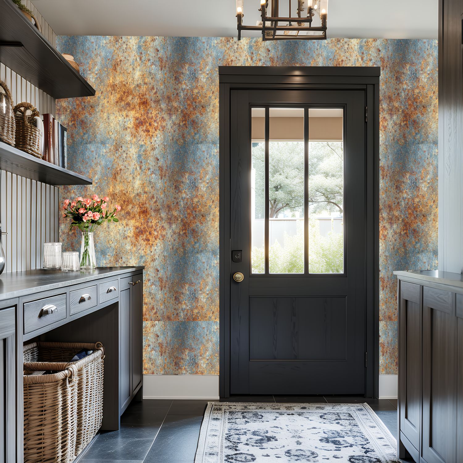Vintage Peel and Stick Wallpaper Rusty Metal Texture Weathered Blue Orange Wall Mural 17.7in x 9.8ft Self Adhesive Removable Wall Paper Renter Friendly Wallpaper for Nursery Bedroom Cabinets
