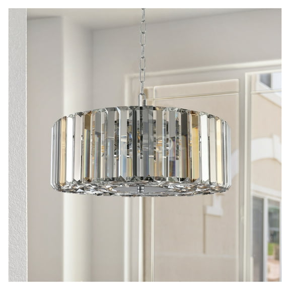 17" Modern Crystal Drum Pendant Chandelier with Chrome Finish – Elegant Lighting Fixture for Living Room, Bedroom, or Dining Area (Bulb Not Included)