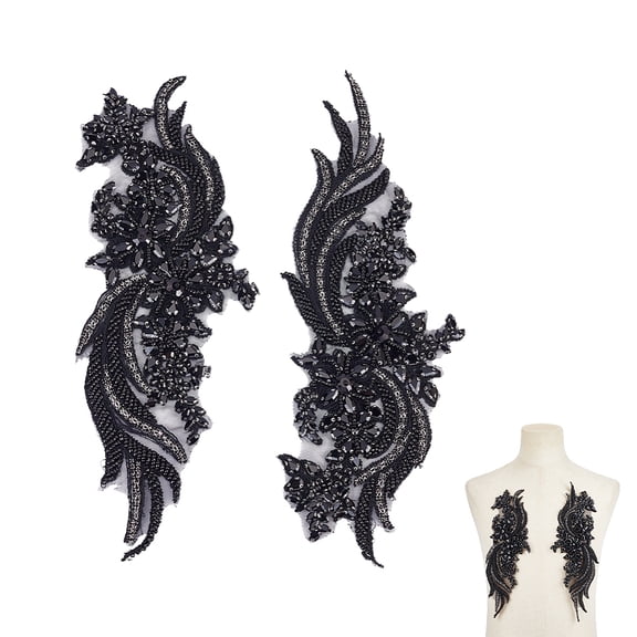 2Pcs Rhinestone Beaded Flower Lace Applique Black Embroidered Flower Patches Decorative Gown Applique