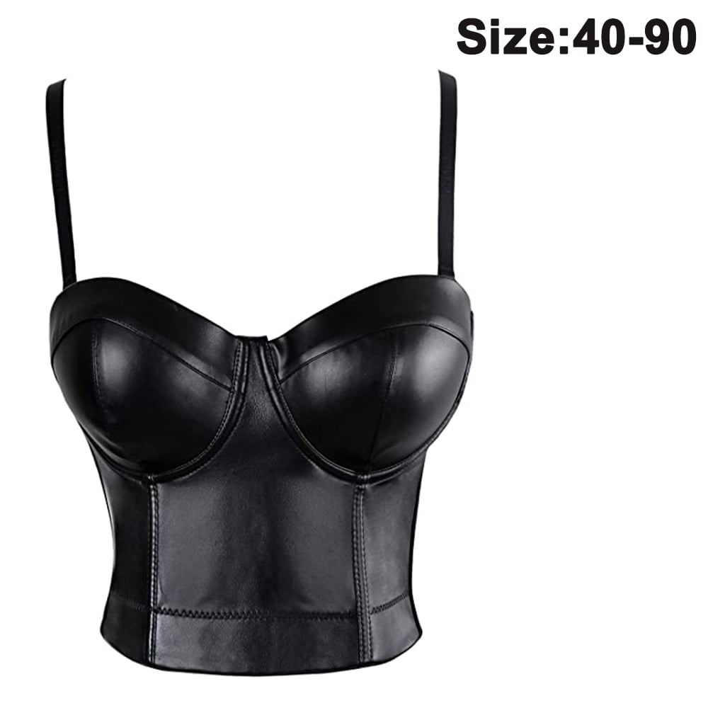 Women Push Up Black Leather Solid Vest Support Removable Pads Sports Shinny Bra