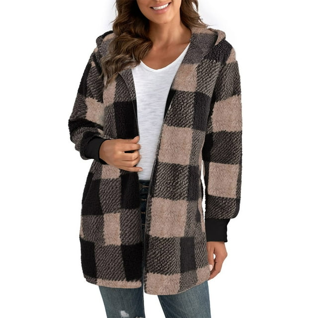 Timegard Cardigans Légers pour Femmes à Carreaux Manches Longues Ouvert Manteaux d'Hiver à Capuche