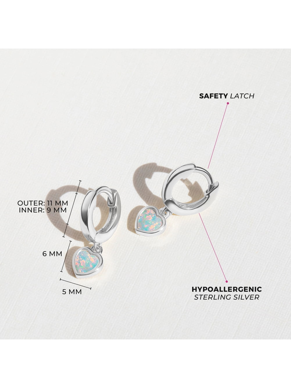 925 Sterling Silver Small Simulated Opal Heart Dangle Hoop Earrings For Girls