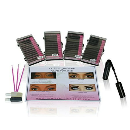 Single Eyelashes Kit | 4 Individual Eyelash Trays 8mm,10mm,12mm,14mm| Hypoallergenic Lash Extension Glue and Remover | Eyelash Extension Mascara | Micro (Best Eyelash Glue For Eyelash Extensions)