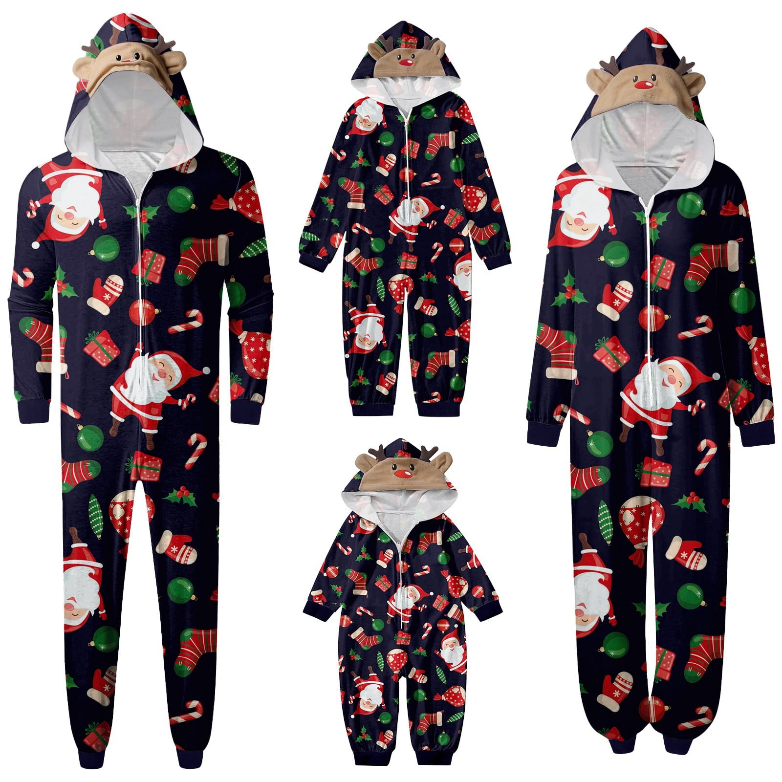 CUZIBR Christmas Family Pajamas Hooded Full Zipper Up Sleepwear Outfits Long Sleeve Cute Snowflake Print One Piece Jumpsuits Loungewear For Dad,Navy,Xxl