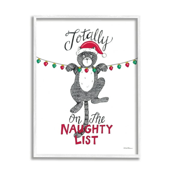 Stupell Industries Naughty List Cat Phrase Holiday Painting White Framed Art Print Wall Art, 16 x 20