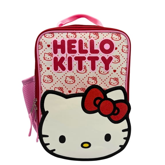 Hello Kitty Reusable Insulated Lunch Bag with Pink Bow, Front Pocket, 10 inch