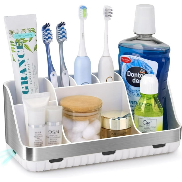 GFWARE Toothbrush Holder for Bathroom Countertop Organizer - Kids Electric Toothbrush and Toothpaste Holder Detachable 7 Slots Tooth Brush Organization Bathroom Accessories Storage Vanity, Silver