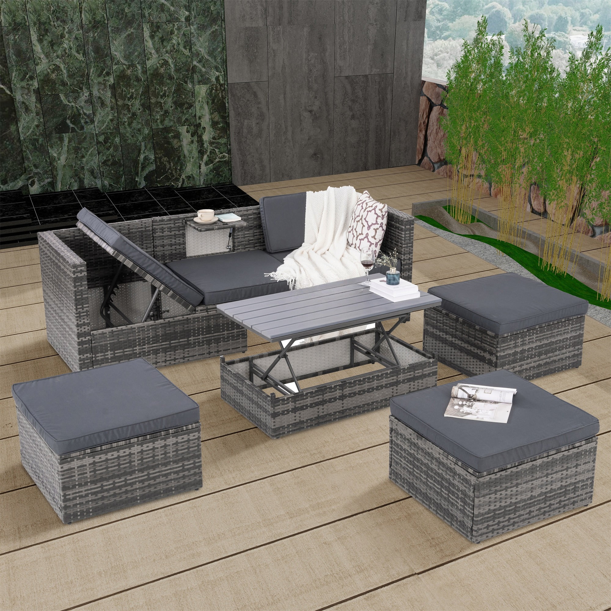 5 Piece Patio Furniture Set, All-Weather Outdoor Conversation Set with Lift-top Coffee Table & Ottomans, Adustable Backrest Wicker Sectional Seating Group for Patio Deck Garden Pool, Gray