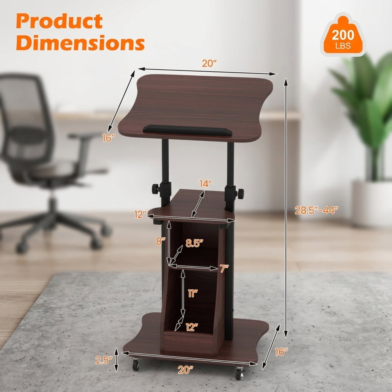 Furnibear Mobile Podium Stand Height Adjustable Laptop Cart with Tilting Tabletop Lockable Wheels and Storage Compartments for Office, Brown
