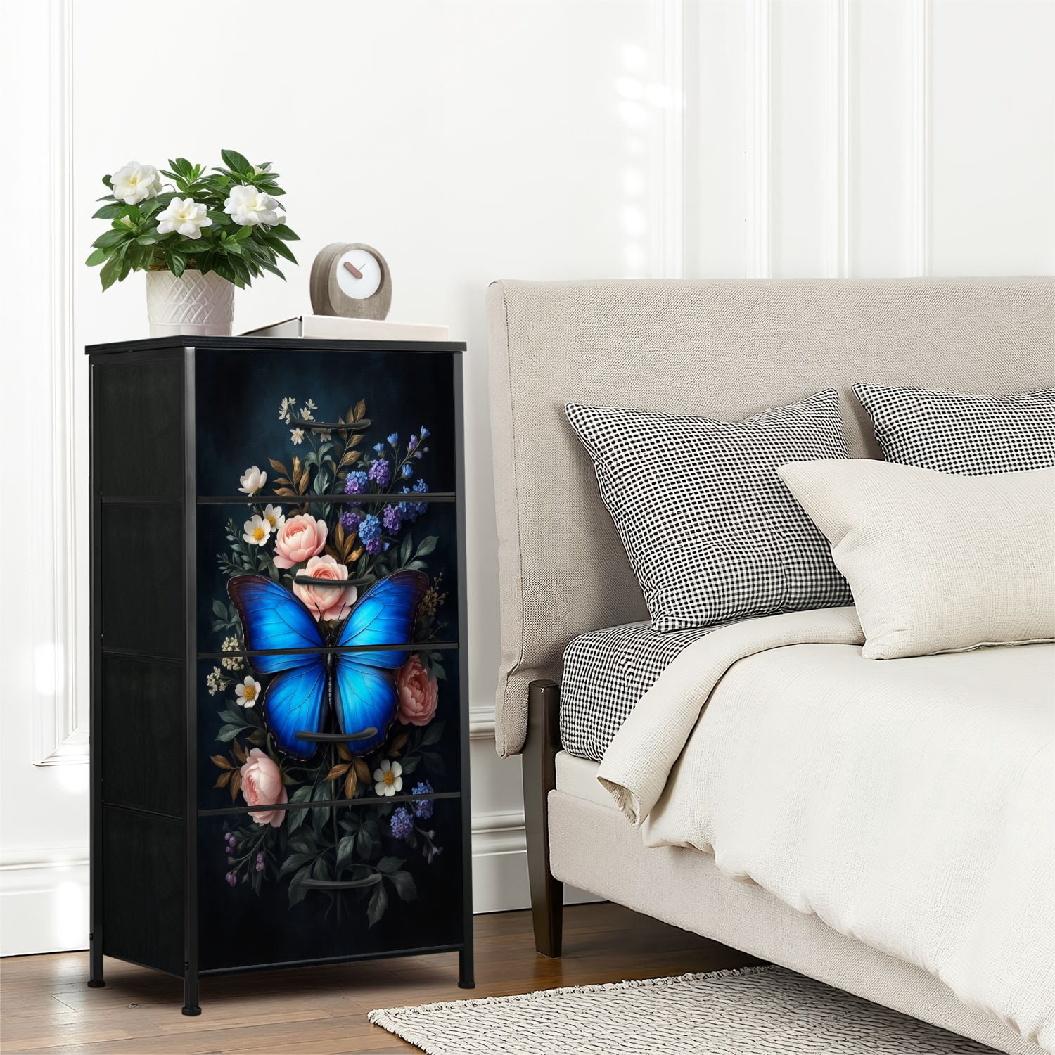 Gothic Dresser for Bedroom with 4 Storage Drawers Vibrant Blue Butterfly Elegant Floral romantic bouquet Dressers Chest of Drawers Steel Framed Fabric Closet Organizers for Dorm Entryway