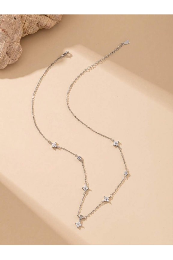 Silver-3 Delicate Floral Station Collarbone Chain Necklace With Clear Zirconia