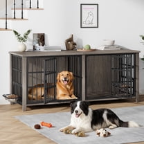 Laintene Large Dog Crate Furniture, Wooden Dog Kennel with Removable Divider, TV Stand Dog Cage with Dog Bowls, Indoor Pet House, Gray