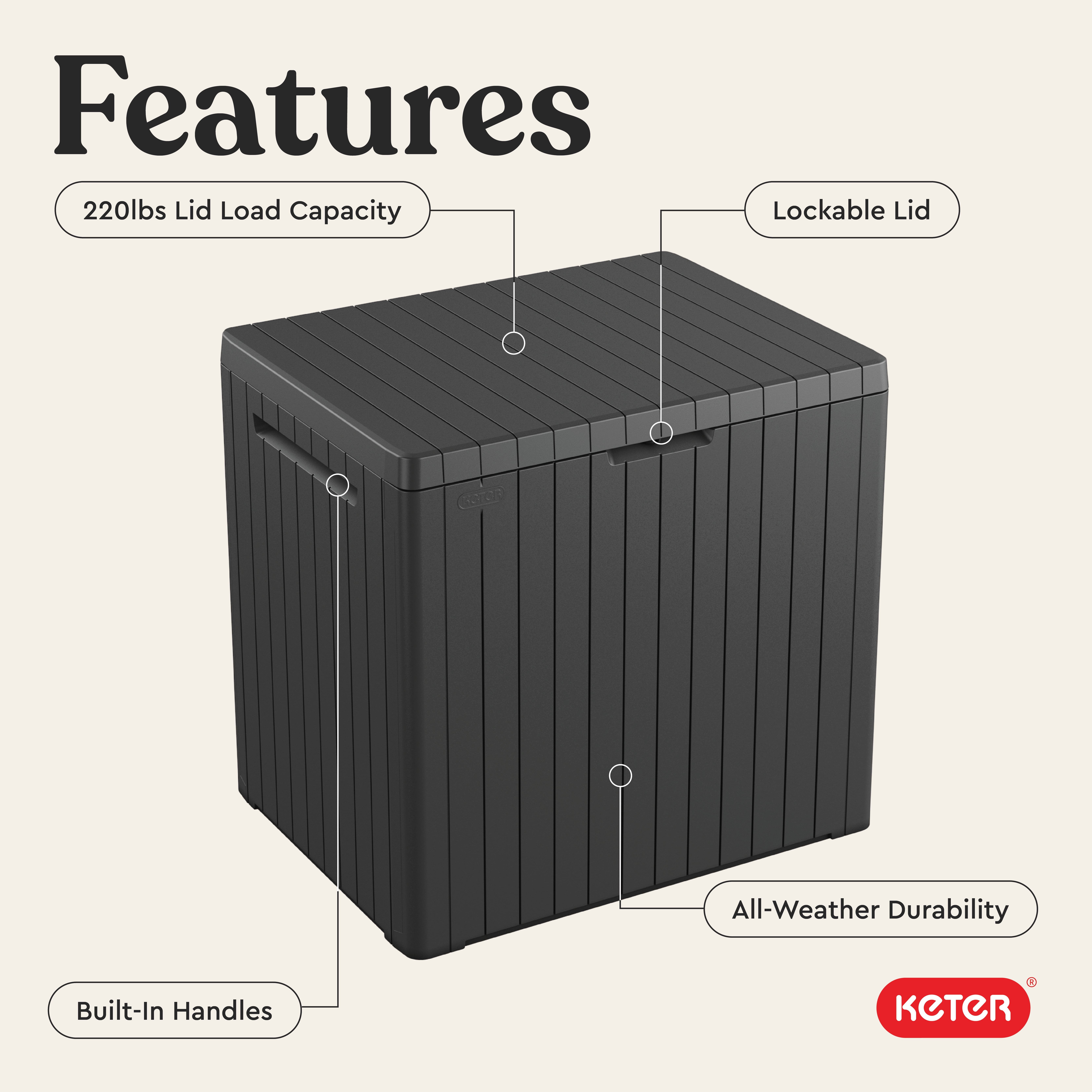 Keter City Outdoor 30 Gallon Durable Resin Outdoor Deck Box for Storage Organization, Gray