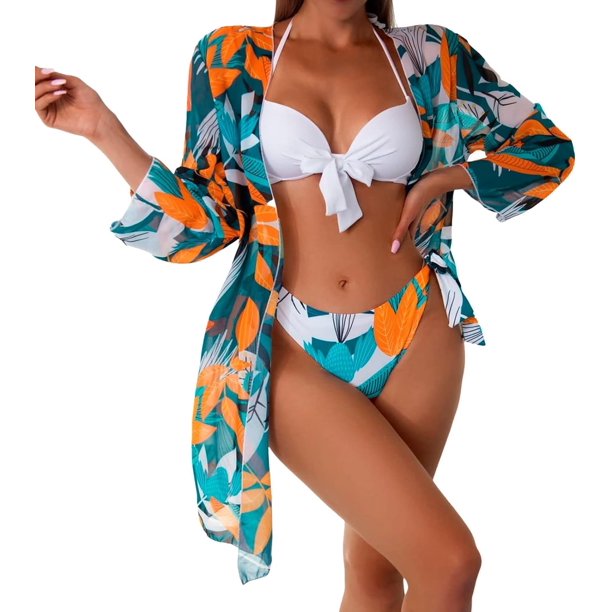 Kiosan Conjunto de bikini para mujer, traje de baño de 3 piezas, kimono floral, parte superior triangular anudada en la parte delantera, falda de traje de baño inferior de cintura alta